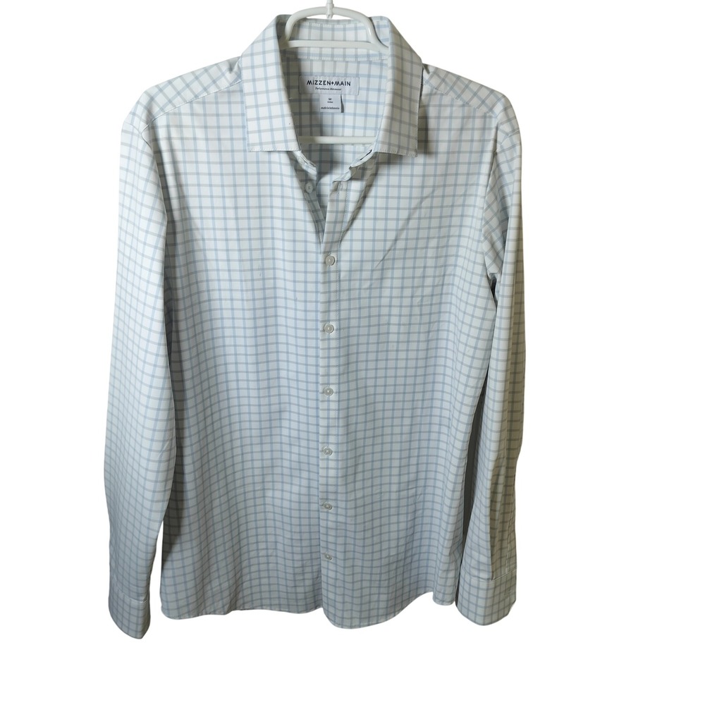 Mizzen+Main Mens Trim Fit Performance Dress Shirt Blue White Grid Size M